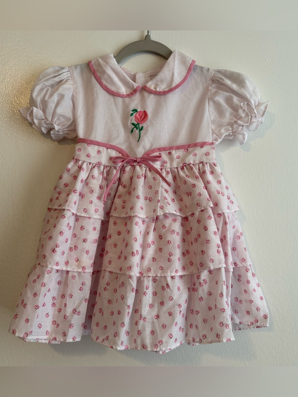 Vintage White & Pink Girl’s Floral Puff Sleeve Dress 4T